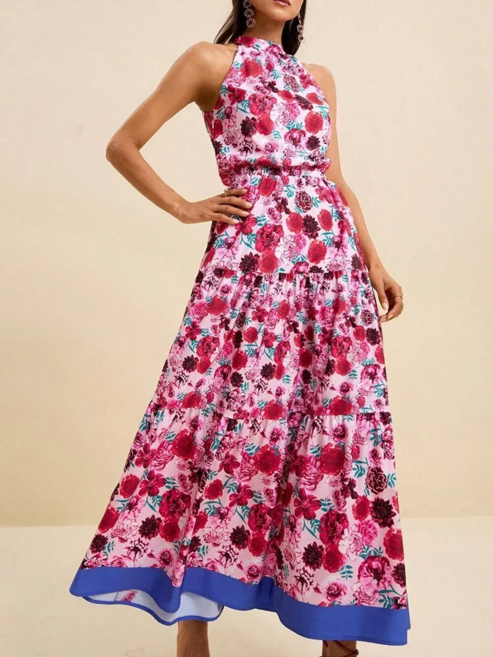 Multicolor Boho Women's Sleeveless Ditsy Floral Waist Cinched Dress